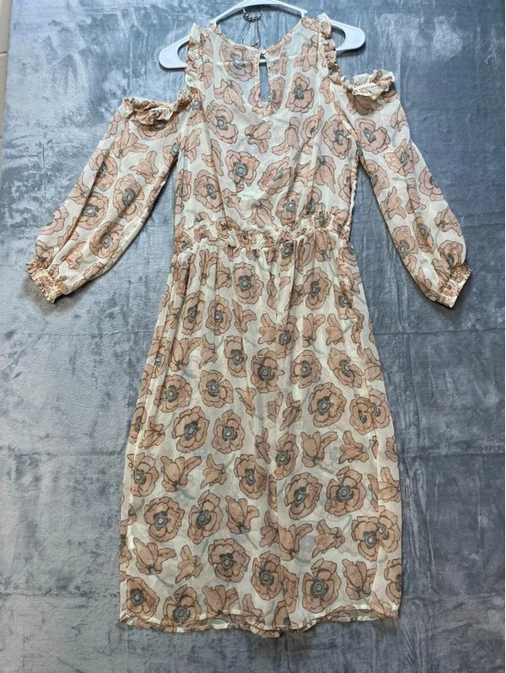 Lucky Brand Women's Floral Cold Shoulder Midi Dress Beige Long Sleeve Large - Picture 2 of 8